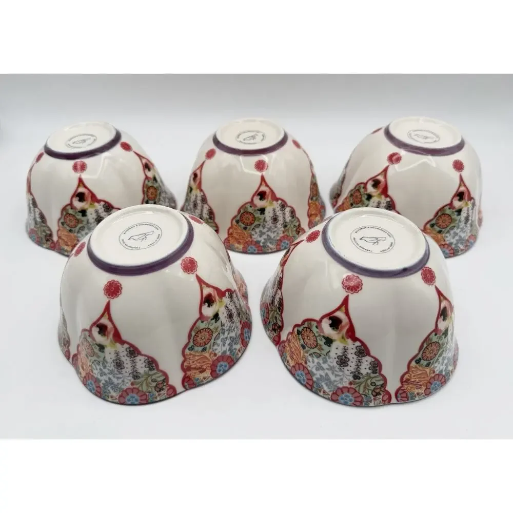 Anthropologie Scalloped Patchwork Floral Ceramic Bowl 5” Set of 5 Bohemian Style